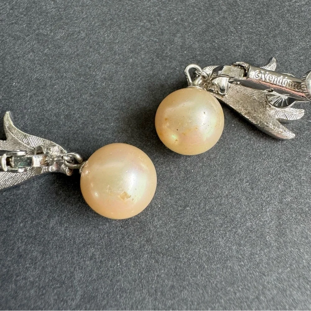 Vintage‎ Vendome Pearl Drop Clip-On Earrings Silver Rhinestone Bridal Bride